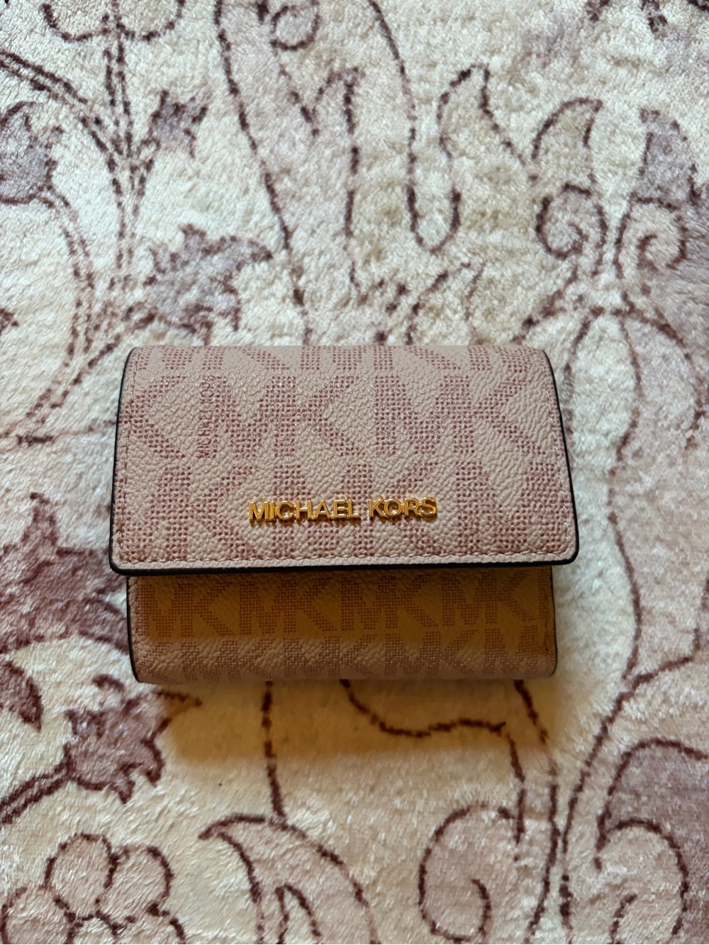 Michael Kors Pink Tan Signature Monogram Trifold Wallet